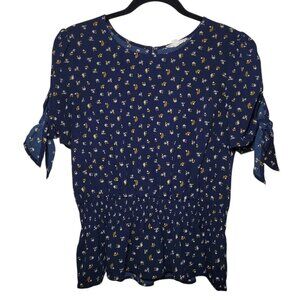 E & M Ditsy Floral Blouse Smocked Waist Tie Sleeves Navy Blue Large Modern Craft